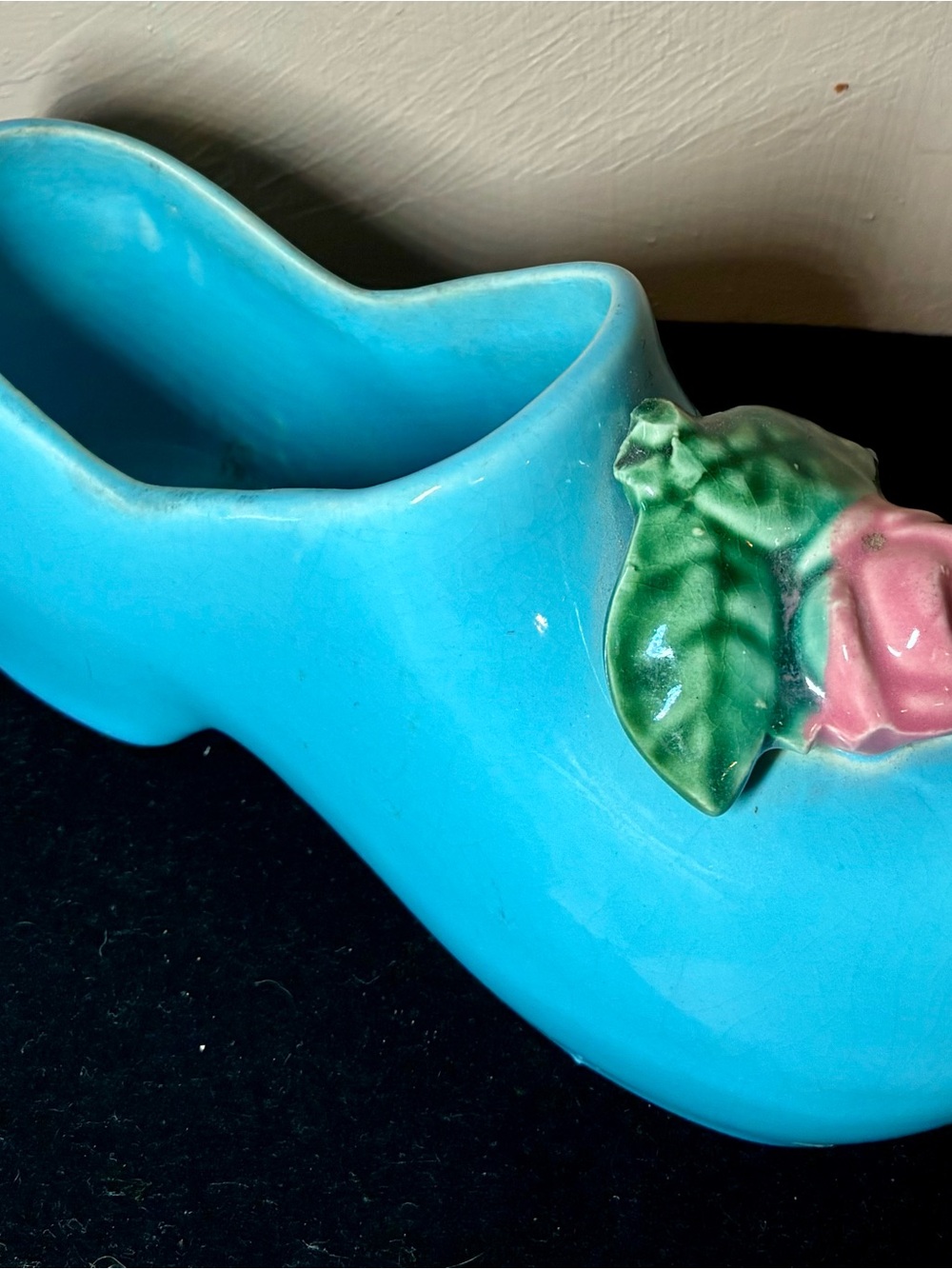 McCoy light blue pottery Dutch Shoe Planter with Pink Rose Accent 8” long